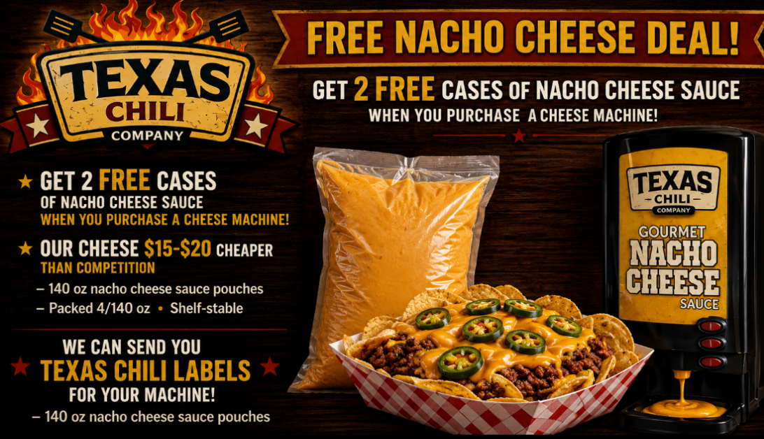 Texas Chili Company promotional banner for free nacho cheese sauce with cheese machine purchase, showing loaded nachos, dispenser pouch, and nacho cheese dispenser