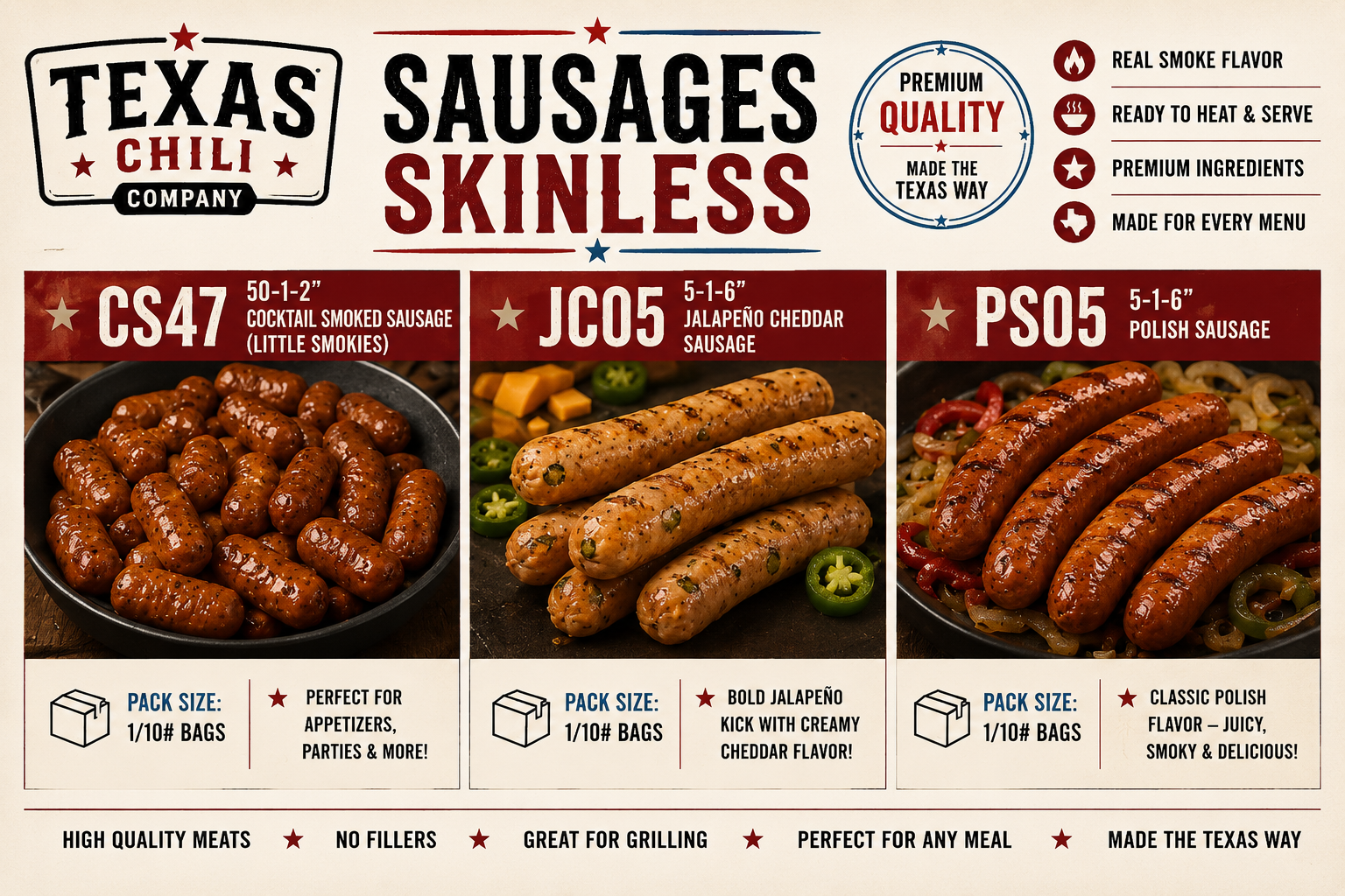 Texas Chili Company skinless sausages product lineup