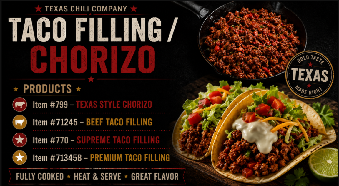 Texas Chili Company Taco Filling and Chorizo — Item #799 Texas Style Chorizo, #71245 Beef Taco Filling, #770 Supreme Taco Filling, #71345B Premium Taco Filling