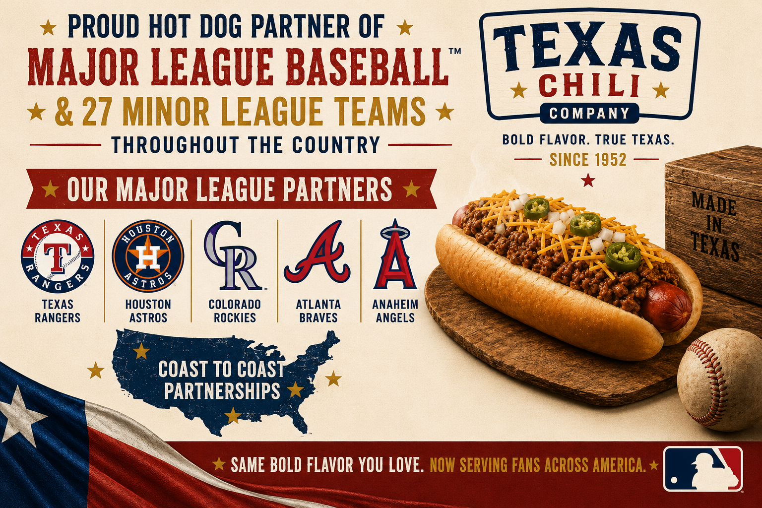 Texas Chili Company — Proud hot dog partner of Major League Baseball and 27 minor league teams