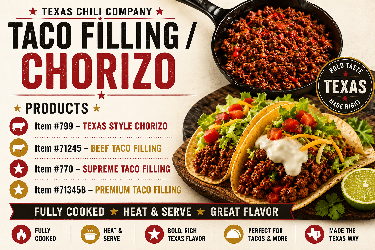 Texas Chili Company taco filling and chorizo product lineup